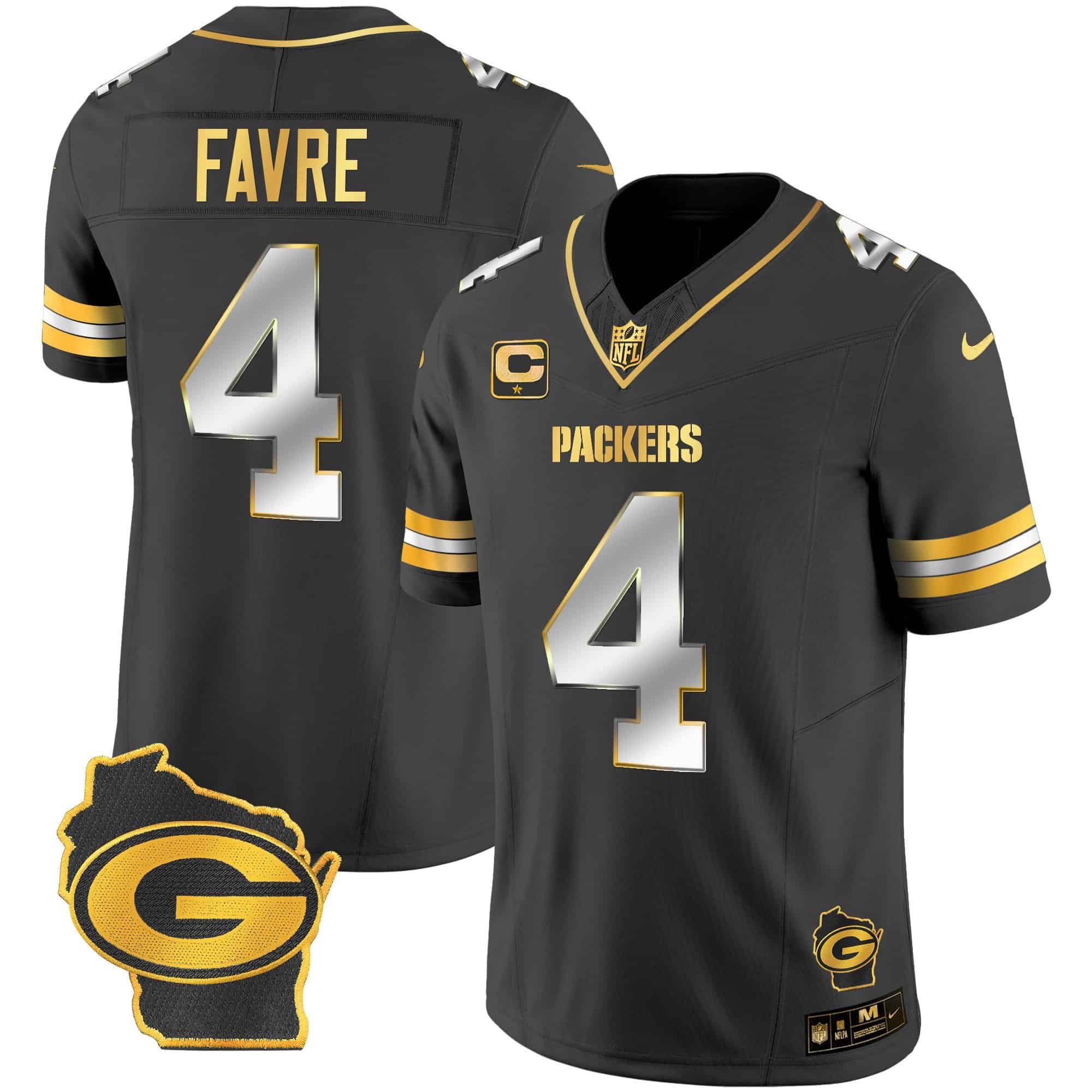 Men Green Bay Packers #4 Favre Black Gold 2024 Nike Home Patch Vapor NFL Jersey style 1->indianapolis colts->NFL Jersey
